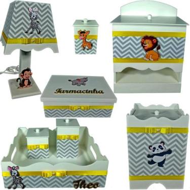 Imagem de Kit Higiene bebê Mdf farmacinha 8 pçs - SAFARI CHEVRON CINZA - Flores 