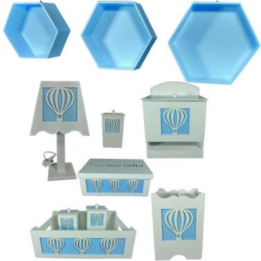 Imagem de Kit Higiene bebê mdf 8 pçs + 3 Nichos Azul - BALÃO (Pronta Entrega) - 