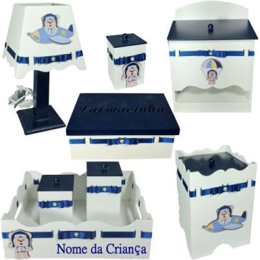 Imagem de Kit de Higiene bebê mdf menino - urso aviador tampas azul marinho - FL