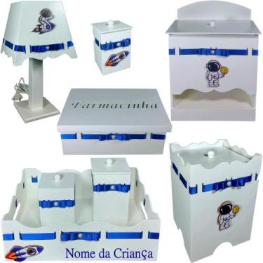 Imagem de Kit de Higiene bebê mdf menino masculino - ASTRONAUTA branco e azul ma