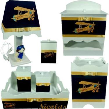 Imagem de Kit Higiene bebê Mdf menino 7 pçs - AZUL MARINHO AVIADOR - Flores para