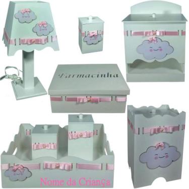 Imagem de Kit de Higiene bebê mdf menina - Nuvem branco e rosa bb - FLORES PARA 