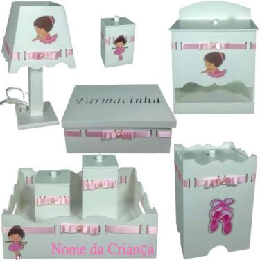 Imagem de Kit de Higiene bebê mdf menina feminino - BAILARINA BRANCO E ROSA BB -