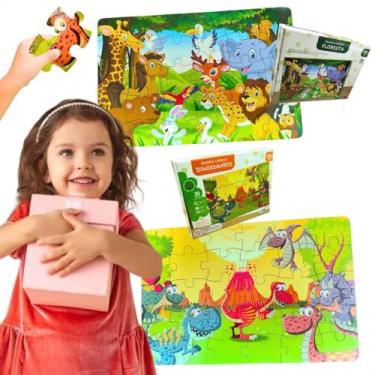 Imagem de Kit Quebra-Cabeças Infantil Em Dobro Floresta Dinossauro 30 Peças Grandes 43x28cm Desenvolvimento Inicial Coordenação Motora Brinquedos Educativos Para Escola Crianças Presente Menino Menina