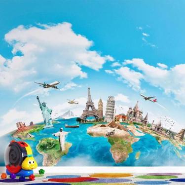 Imagem de Papel de Parede Mapa Mundo com Monumentos  Viagem e Exploração em Alta