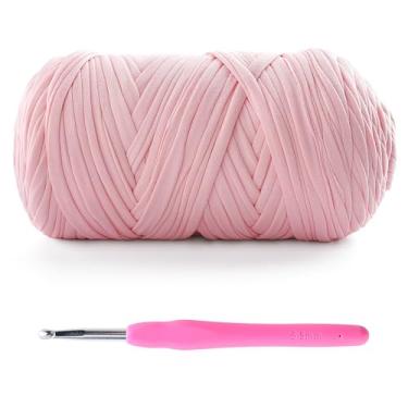 Imagem de Fio de camiseta para crochê - 400 g/130 m para sacos de crochê/cestas/decoração de casa - fio de camiseta de tecido elástico macio com 1 gancho de crochê (1, rosa Sakura)