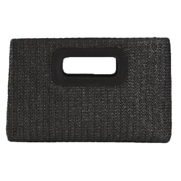 Imagem de Bolsa clutch de palha feminina para viagem de palha na praia, bolsa envelope de vime, alça superior, bolsa transversal para o verão, Preto, Medium