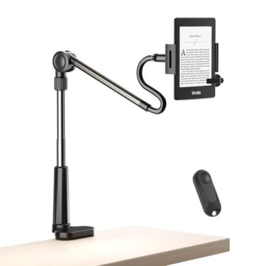 Imagem de Suporte de tablet dobrável para leitura Kindle na cama com virador de página remoto, não rígido e fácil de ajustar, suporte de mesa flexível para tablet, acessórios para leitor digital para Kindle