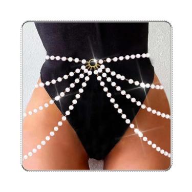 Imagem de Cosydays Cinto de corrente de pérola em camadas douradas, corrente de barriga de pérola, corrente de biquíni de praia, festa sexy, acessórios para mulheres e meninas, pérola, liga metálica