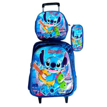 Imagem de Kit Mochila Infantil Stitch Violeiro 3D em Alto Relevo com Rodinhas Infantil + Lancheira Térmica + Estojo Escolar
