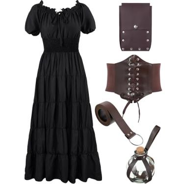 Imagem de Crowye Women Renaissance Costume Medieval Chemise Dress Leather Belt Corset Waist Belt Pouch Potion Bottle(Black Dress, Brown Accessory,S)