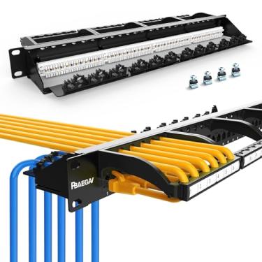 Imagem de PBAEGAV Painel de remendo Keystone 24 portas Cat6 10Gbps painel de rede para 1U 48.3 cm cabo frontal de montagem em rack rede perfurada ideal para conexões Gigabit Ethernet (Cat6A)