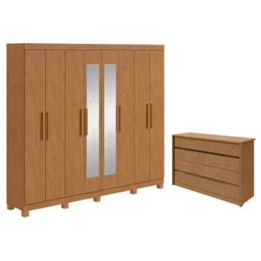 Imagem de Guarda Roupa Casal Andara Soft com Espelho e Pés com Cômoda Gaveteiro Urban Amêndoa Clean – Lopas