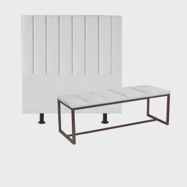Imagem de Kit Cabeceira Carla e Recamier Industrial 160cm Queen Size Box Ferro Marrom Suede Branco - Ahz Móveis
