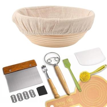 Imagem de VGASHARE Cesto de fermentação de pão de 23 cm com forro, conjunto de cesta redonda para fermentação de pão - com cortador, haste de agitação, tapete de cozimento, espátula, tábua de corte, escova de