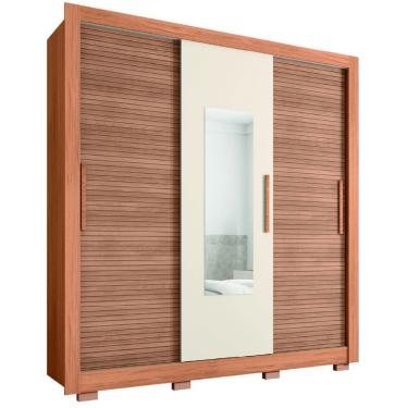 Imagem de Guarda Roupas Casal com Espelho Ripado impressão 3D 3 Portas de Correr 2 Gavetas Paris Caemmun