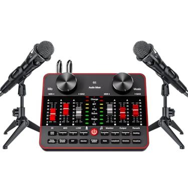 Imagem de tenlamp Pacote De Microfone Para Podcast Com Placa Som Ao Vivo, Mixer Áudio, Equipamento Dois Microfones Condensadores 3,5 Mm Transmissão Vivo Pc/Telefone, Canto E Jogos, Modificador Voz, Redução Ru