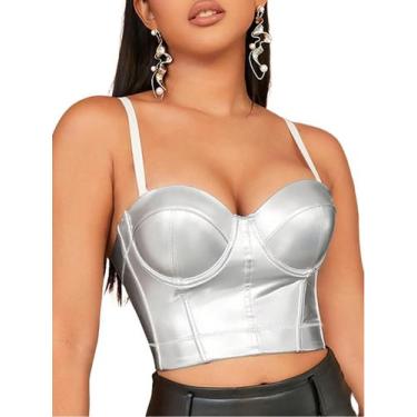 Imagem de Blusa Curta Cropped Corset Top Couro Pu Lycra Bojo Alça - Modas Fagund
