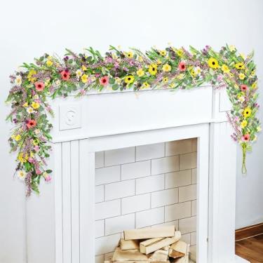 Imagem de Guirlanda artificial de flores silvestres de 1,8 m, guirlanda de lavanda, margarida e lavanda, videira floral sintética, verão, primavera, guirlanda falsa durante todo o ano, decoração de casa para