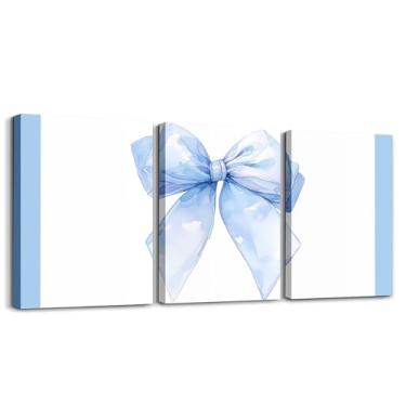 Imagem de Arte de parede com laço para sala de estar quarto, decoração de parede estilo princesa castelo gravata borboleta arte pendurada, pintado à mão romântico azul cozinha decoração de parede banheiro