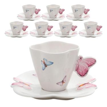 Imagem de Jogo 8 Xícara de Chá Porcelana com Pires Borboletas 200ml Wolff