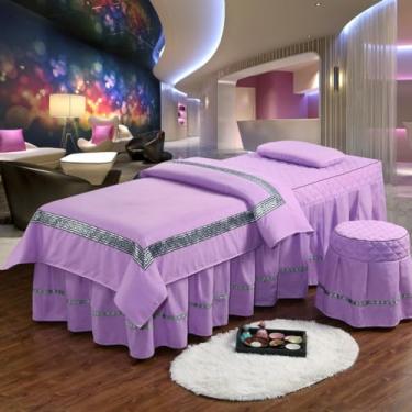 Imagem de Conjuntos de lençóis de mesa de massagem spa beleza capa de cama 4 peças microfibra massagem saia de cama macia cor sólida colchas salão fumigação roupa de cama conjunto de cama com furo colcha
