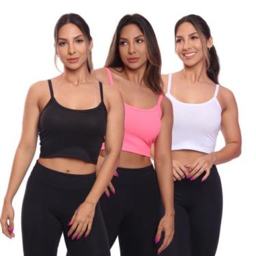 Imagem de Kit 3 Top Cropped Alcinha Canelado Feminino Lisa Básica - Brás e Cia, 