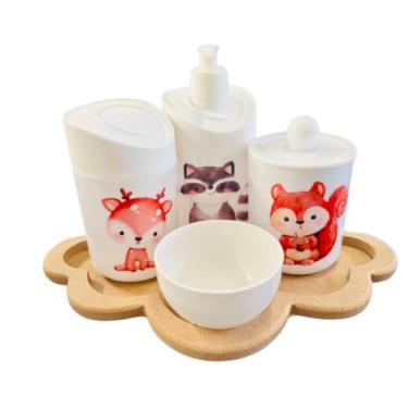 Imagem de Kit Higiene Bebê Floresta Encantada c/bandeja MDF - Menino e Menina (Nuvem Crua/Branca)