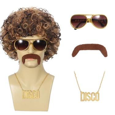Imagem de MIHOYAXU Conjunto De Perucas Discoteca Com 5 Peças (Peruca + Óculos Colar Bigode Boné) Fantasias Afro Masculinas Curtas, Cacheadas, Naturais E Fofas, Cabelo Sintético Para Festa Halloween (Estilo B)