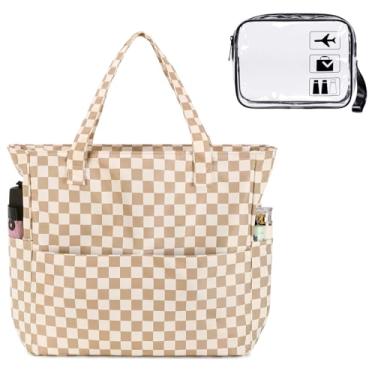 Imagem de Sacola de praia para piscina feminina grande bolsa de ginástica com compartimento molhado para viagens de fim de semana à prova d'água, Grade marrom e branca 2, X-Large