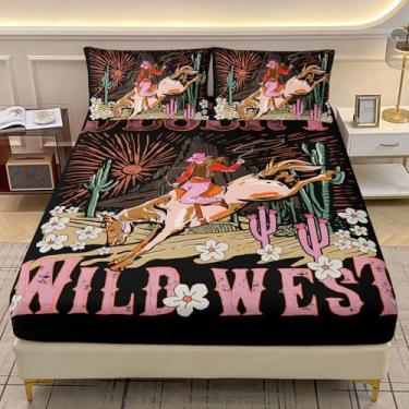 Imagem de AILONEN Jogo de lençol solteiro Wild West Cowgirl, caubói ocidental, para decoração de quarto, 3 peças, 1 lençol com elástico e 2 fronhas