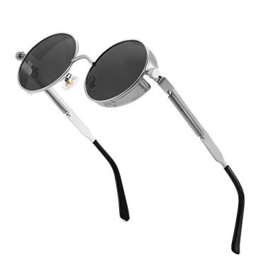 Imagem de Steampunk Óculos de sol polarizados para homens, proteção UV, estilo gótico redondo, armação circular de metal, Prata, 50 mm
