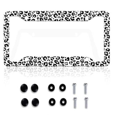 Imagem de Molduras de placa de carro de leopardo da neve etiquetas decorativas personalizadas para carro capas de placa de licença de metal de alumínio suporte de placa de licença com estampa de leopardo para homens e mulheres Placas de licença dos EUA universais com parafusos