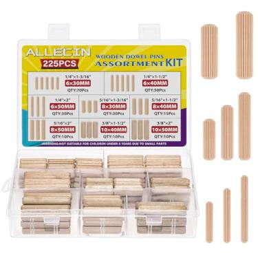 Imagem de ALLECIN Kit De Cavilhas De Madeira Com 8 Valores, Pinos De Cavilhas De Madeira Canelados De 1/4 3/8 5/16 Polegadas, Sortimento Para Móveis, Marcenaria, Artesanato Faça Você Mesmo (Pacote Com 225 Peç