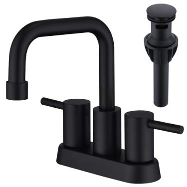 Imagem de AmirLans Torneira de banheiro preta fosca com 2 furos, conjunto central de 10 cm de aço inoxidável torneira de pia de banheiro preta com ralo pop-up e linhas de suprimento, torneira preta com 2 alças