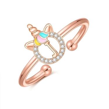Imagem de CIVOKINA Anéis delicados de unicórnio com inicial para meninas, banhado a ouro 14 quilates/ouro rosa/prata para meninas, lindo anel infantil hipoalergênico, ajustável, com letras para presentes para