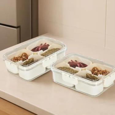 Imagem de Kit Potes Organizadores Geladeira Com Divisórias Removíveis Empilháveis | Plástico Transparente Multiuso (2 potes de quatro divisórias)