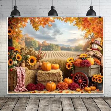 Imagem de Fundo de outono 3 x 2,4 m Dia de Ação de Graças Colheita Abóbora Girassol Espantalho Foto Fundo de Outono Folhas de Bordo Palheiro de Feno Amizade Festa Outono Decoração Banner