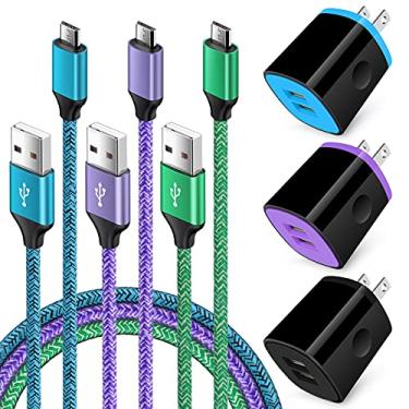 Imagem de Flecom Carregador De Parede Para Celular Android Com Cabo Micro Usb Compatível Moto E, G, G5 Plus/E5 Play E6 E4, Samsung Galaxy Note 5/4 S7 S6 J8 J7 J7V J3V, Tablet, Nylon Trançado 1,8 M, Pacote 3