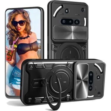 Imagem de Ephoou Capa protetora for Nothing Phone (3a) 2025 com suporte de anel magnético, capa resistente à prova de choque de grau militar com capa de lente de câmera deslizante para celular 3a JS-preta