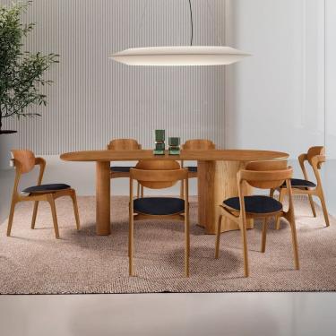 Imagem de Conjunto Mesa 180cm X 80cm Tampo Mdf Canto Copo 6 Cadeiras Celeste Preto / Imbuia Natural