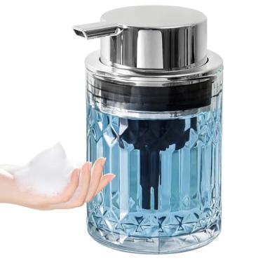 Imagem de KASUNTING Dispensador de sabão espumante, dispensador de sabão de mão de espuma de vidro transparente para banheiro, garrafa de espuma recarregável de 19 ml com bomba de plástico de prata, recipiente
