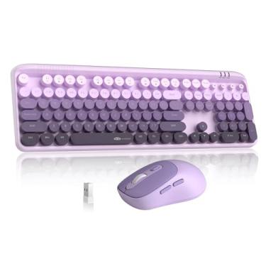 Imagem de Combo de teclado e mouse sem fio, teclas redondas, teclado de máquina de escrever retrô, 104 teclas, economia de energia automática, conexão sem fio de 2,4 GHz para Mac/Windows/PC
