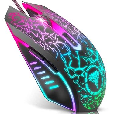 Imagem de BENGOO Mouse para jogos com fio, mouse ergonômico para laptop, PC, USB óptico com retroiluminação RGB, 4 DPI ajustáveis até 3600, 6 botões programáveis para Windows 7/8/10/XP Vista Linux - Preto