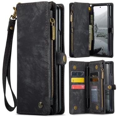 Imagem de CaseMe Capa carteira compatível com Samsung Galaxy Z Fold 7, capa flip magnética com bolso com zíper e suporte, capa fólio de couro PU durável premium com suporte para cartão e alça de cordão (preta