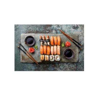 Imagem de Decoração de arte de parede em tela de cozinha - Impressão de pintura de natureza morta em tela - Pôster e impressões de comida de sushi - Decoração de parede moderna para sala de jantar 80 x 120 cm