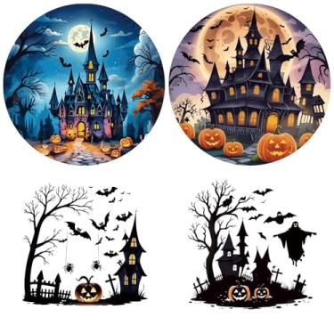 Imagem de GORGECRAFT 4 peças adesivos assustadores de janela de Halloween de 16,3 cm, castelo noturno, morcego, abóbora, fantasma, removíveis, não adesivos, redondos, adesivos de vidro preto, película de alerta