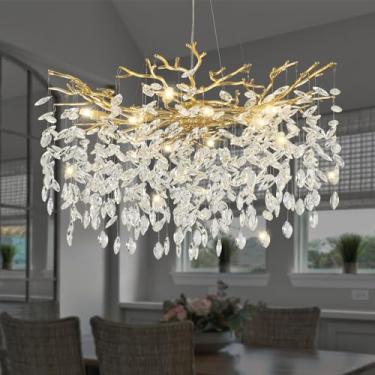 Imagem de EWIMXSVC Lustre de cristal moderno, lustres de 80 cm para sala de jantar iluminação de lustre de ramo de árvore dourado, lustres redondos para sala de jantar sobre mesa, ramos e cristais luminárias de