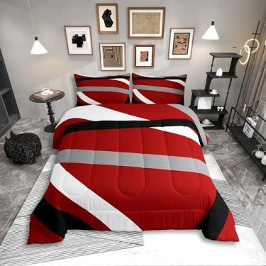 Imagem de Erosebridal Conjunto de edredom Queen listrado vermelho, cinza, preto, para adultos, mulheres, homens, moderno, abstrato, geométrico, estético, boêmio, conjunto de edredom