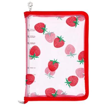 Imagem de AxeWoodz Fichário vermelho A5 com zíper, transparente, recarregável, capa de renda de morango, 6 anéis, capa para fichário de PVC para agenda de fotos, álbum de fotos